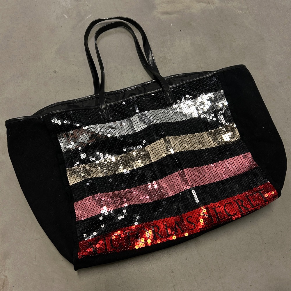 Victorias Secret Sequin Stripe Canvas Tote Bag Black Silver Gold Pink Red Large